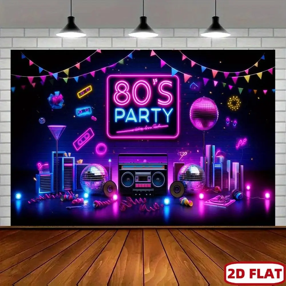 Reusable 80s Themed Polyester Flat Banner, 243.84x6.0ft Neon Print 1-Piece Festive Backdrop with '80s Party' Sign, Boom Box & City Skyline for Birthday Parties