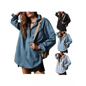 Women's Denim Pullover Leisure Button V-neck Shirt Loose Design Long Sleeve Denim Jacket with Pockets