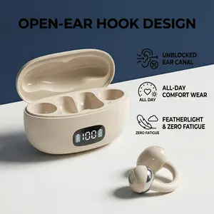 Fluffdrip YXG-20 Open Ear Wireless Earbuds, Painless Clip-On Bluetooth Headphones with LED Battery Display for Sports & Daily Wear