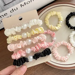 Elegant Pearl Satin Scrunchies Set – Ruched Silk Hair Ties with Large Pearl Accent for Women (5-Pack)