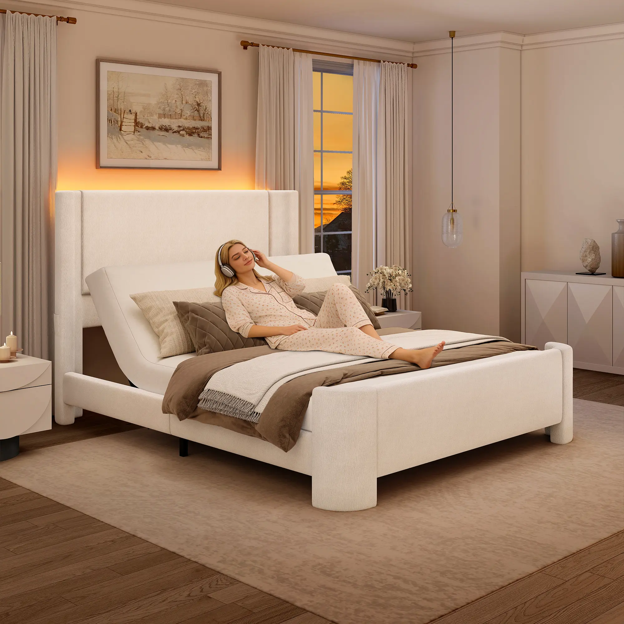 [SummerVibes] SIBEDS Queen Size Smart LED Adjustable Bed Frame with App Control, Motorized Upholstered Platform Bed with 0-60° Incline, 1000LBS Heavy Duty Support, No Box Spring Needed