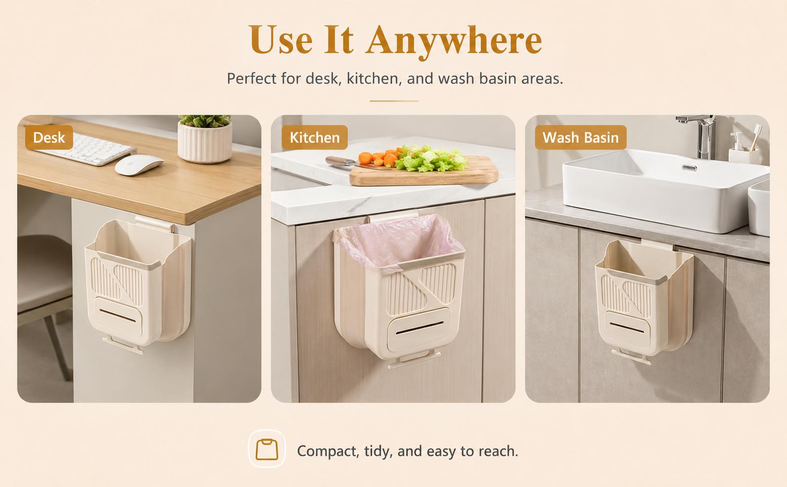 Foldable Wall-Mounted Kitchen Trash Can, Hanging Garbage Bin for Cabinets, Space-Saving Kitchen Accessory, No-Install Household Trash Can for Kitchen Large Capacity Tilt Out