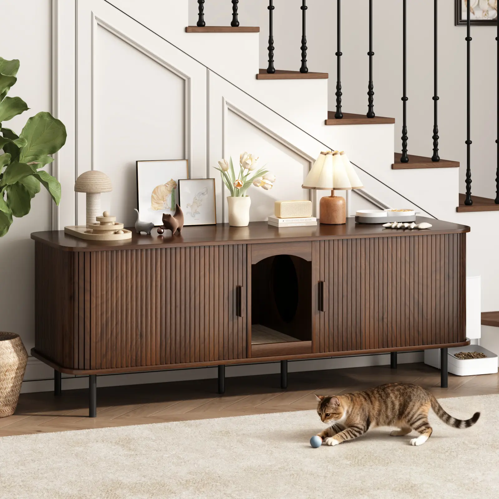Fluted Hidden Cat Litter Box Enclosure – Modern Wood Furniture with Scratching Pad, Large Indoor Cat House Cabinet Side/End Table for Living Room & Entryway