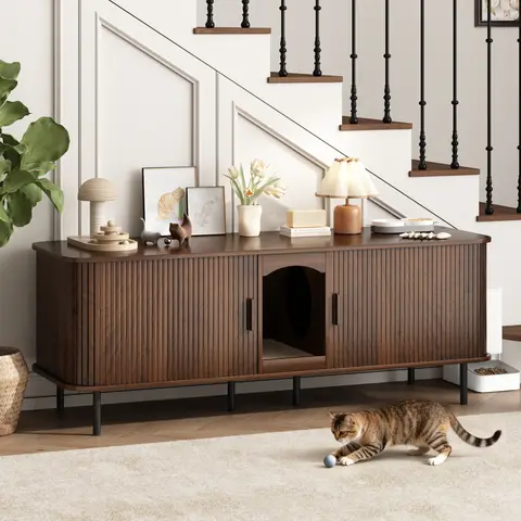 Fluted Hidden Cat Litter Box Enclosure – Modern Wood Furniture with Scratching Pad, Large Indoor Cat House Cabinet Side/End Table for Living Room & Entryway