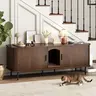 Fluted Hidden Cat Litter Box Enclosure – Modern Wood Furniture with Scratching Pad, Large Indoor Cat House Cabinet Side/End Table for Living Room & Entryway