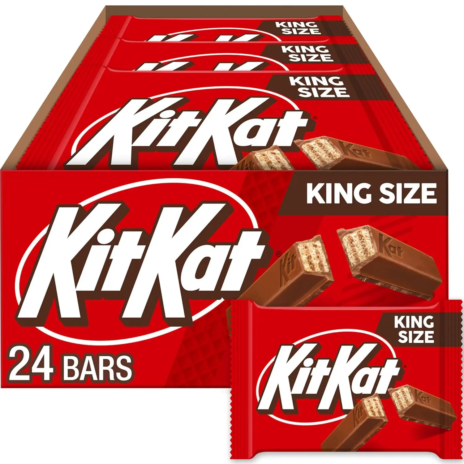 KIT KAT Milk Chocolate Wafer King Size Bar, 3 oz Candy Snack Dessert, 24-Count Chocolate Blocks & Bars Pack
