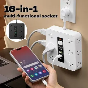 16-in-1 power board with switch and surge protection,wall-mounted and extension cord models, including 12AC sockets, 2 tye-c interfaces,2 USB interfaces, 6.2ftextension cord, suitable for office, home and travel, USstandard plug Rotating Power Strip Ports