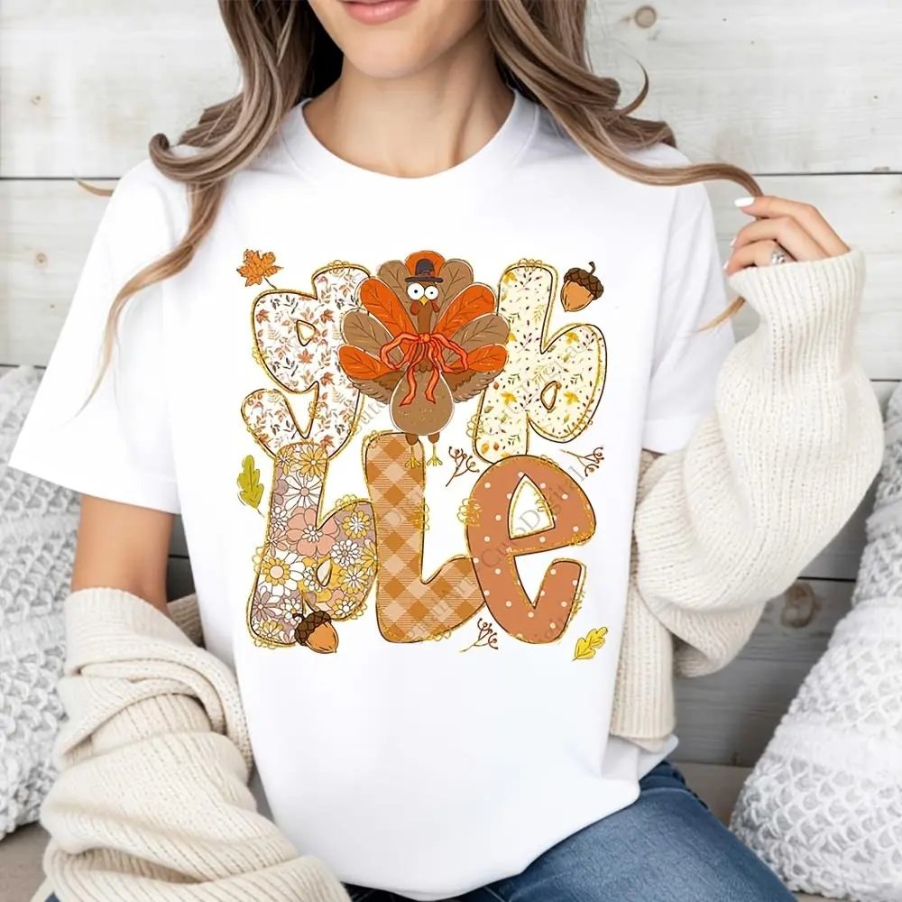 Thankful Turkey Print Raglan Long-Sleeved T-Shirt, Thanksgiving Holiday Fall Autumn Seasonal Top, Casual Wear Family Gathering Party