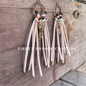 Fierce Fringe Couture Hypoallergenic Fringe Bullhead Earrings with Turquoise Beads and Leather Tassels