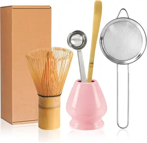 Solid Pink Japanese Matcha Making Kit with Steel Bamboo Chasen Matcha Whisks, Ceramic Whisk Holder Stand, Sifter, Teaspoon Scoop - Kitchen & Tea-Making Tools