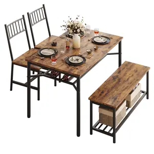 Space-Saving 4 Piece Dining Table Set with Chairs, Storage Bench & Built-in Wine Rack – Rectangular Kitchen & Dining Room Furniture – Sturdy Metal Frame – Perfect for Small Spaces, Apartments – Classic Grey or Brown