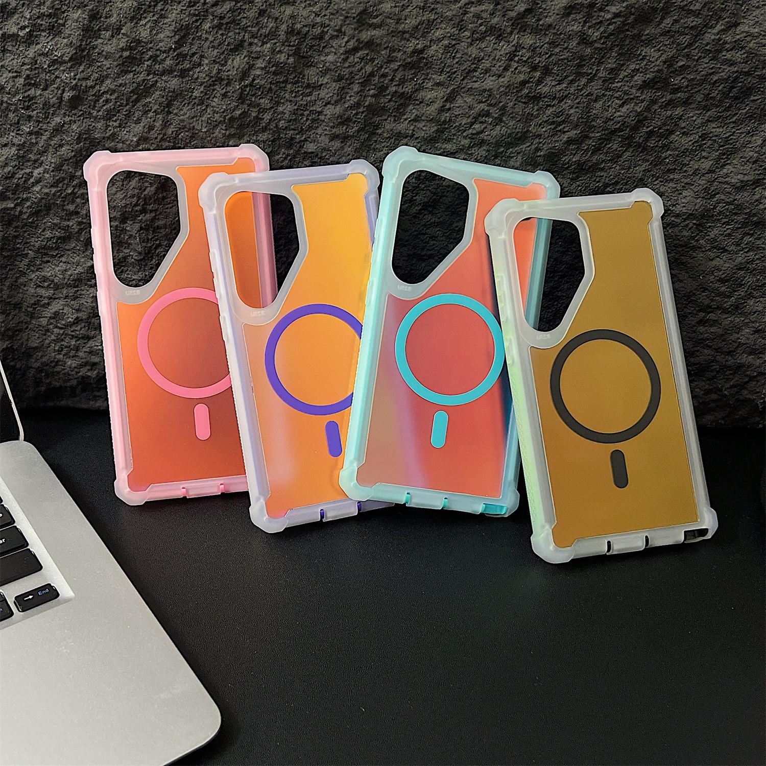 Shockproof Magnetic Double Laser Case for Samsung Galaxy S26 Ultra S25 S24 S23 S22 Plus Wireless Charge Layer Armor Protective Cover, Iridescent Back, Shockproof Cover, Crystal and Corner High-Duty Protection for Girls Women