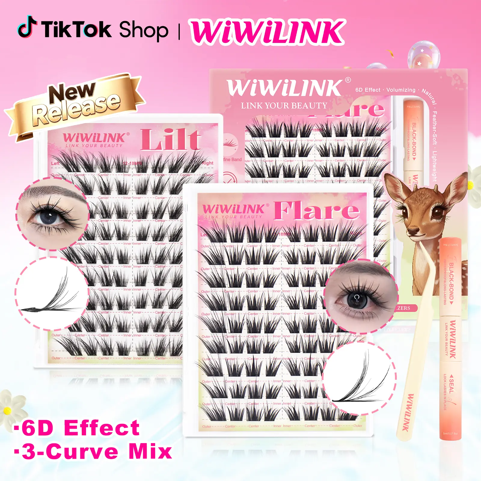 WiWiLINK Flare Lilt 6D Cluster Lashes Kit, CC Curl DIY Lash Extension Set, 12-18mm Mixed Individual Clusters, Soft Thin Band Waterproof Long-Lasting Eyelashes with Lash Bond, Seal & Tweezers