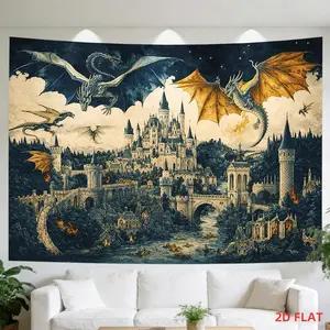 2D Flat, 1 Large Fantasy Castle Tapestry Wall Hanging - Medieval Dragon & Suitable for Bedroom, Living Room Decor, Large Horizontal Wall Suitable for Meditation Area, Office, Party Decoration, Non-Luminous Fabric with Roll-Out Hills River, 2D Flat