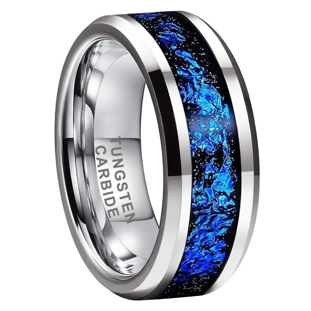 Yonifu Unisex 8mm Silver Tungsten Carbide Ring - Tungsten Rings with Galaxy Opal & High-Shine Meteor Stone Inlay, Scratch-Resistant Comfort Fit for Everyday Business, Blue Galaxy, Elegant, Plain, Blue Galaxy Crushed Opal Inlay