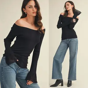 Monica Bell Sleeve Sweater Top | Women's Trendy Fall and Winter Off Shoulder Black Pullover | Layering Piece | Holiday Outfit Inspo Nylon Womenswear