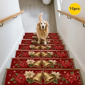 15pc Holiday Decor Stair Mats Christmas Gold Bells Carpet Non-Slip Pads Home Festive Arrangement Stair Steps Jits