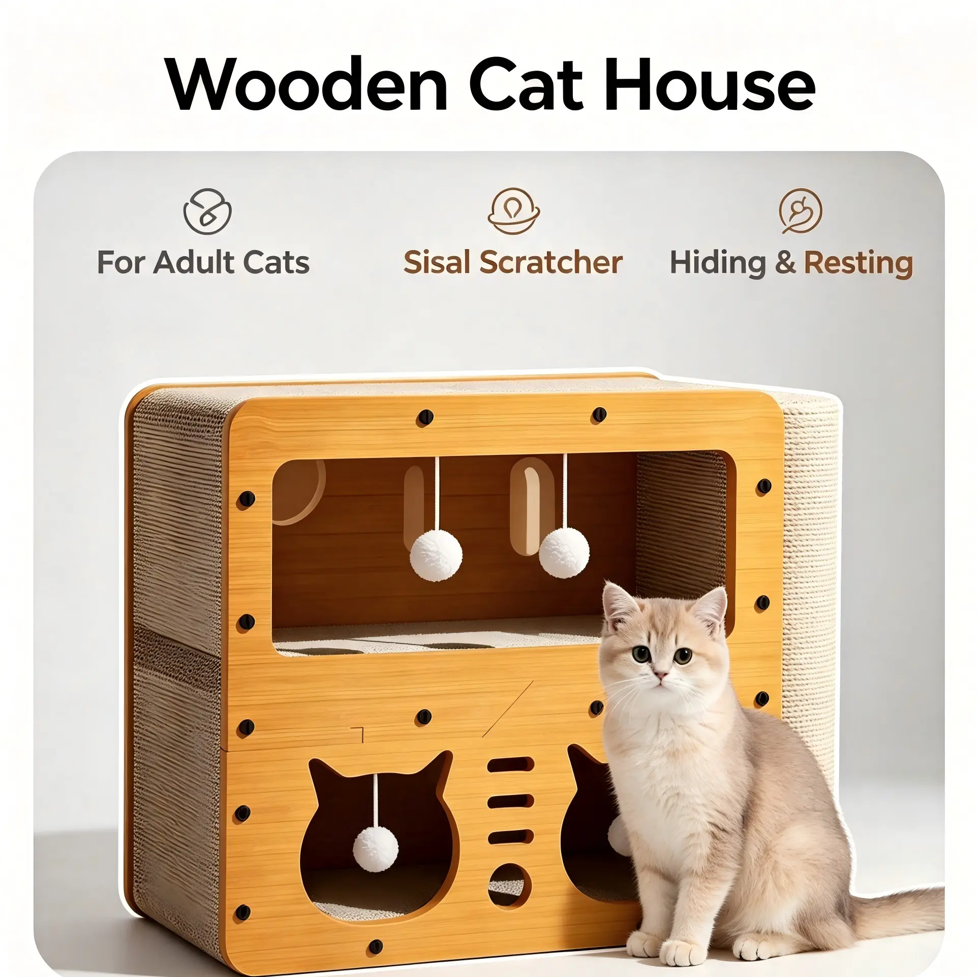 Cat Scratcher House, 2‑in‑1 Cat Bed and Cave with Hanging Ball Toys, Wooden Scratching Board for Kittens, Adult Cats & Small Dogs