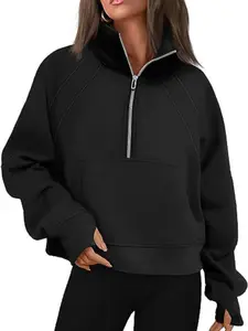 Women's Half Zip Up Thermal Lined Sweatshirt, Casual Long Sleeve Pullover for Fall & Winter, Women's Clothes for Daily Wear