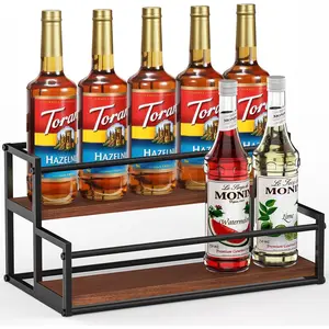 2-Tier Coffee Syrup Rack Organizer for 10 Bottles, Metal Stand with Wood Base, Storage Shelves for Coffee Bar Kitchen Countertop, Matte Black