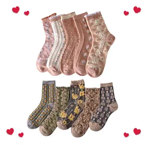 Women's Crew Socks, Cute Floral Socks, Vintage Embroidered Floral Design, Ladies Girls Casual Socks