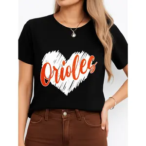 Women's Black Short-Sleeve Cotton T-Shirt - Orioles Heart Design, Crew Round Neck, Solid, Comfortable Breathable Fabric, Streetwear Minimalist Everyday Top, Made in USA, Versatile for Most Outfits, Tshirt