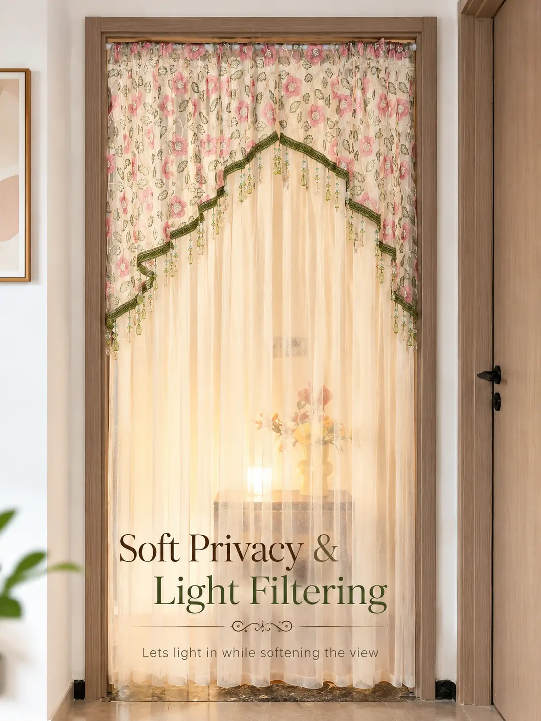 Romantic Lace Sheer Mesh Curtain - Elegant Pink Floral Embroidered Room Divider, Ideal for Bedroom & Walk-In Closet Decor, Festive Wedding & Party Use
