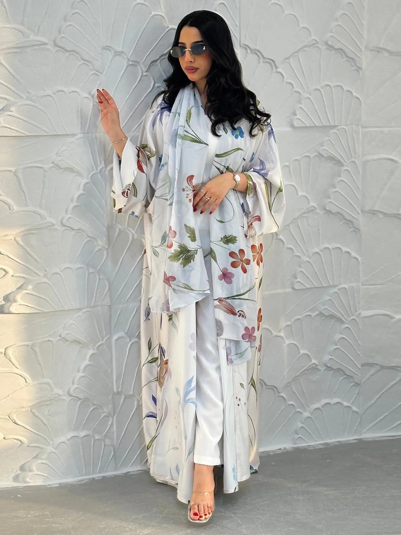 New Muslim Women's Loose Fit Open Front Robe, Printed Two-Piece Set with Headscarf, Casual Daily Wear, Comfortable and Stylish, Floral Abaya Set, Islamic Abaya