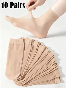 10 Pairs Natural Nude Ultra-Thin Short Socks, Reinforced Toe Anti-Pill, Women's Mid-Calf, Soft Breathable, Non-Irritating, Slip-Resistant, Fit, All Seasons