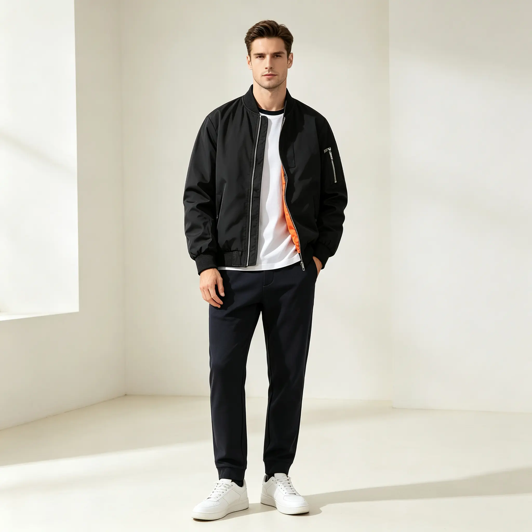 Men’s 2-pack aviator jackets, classic baseball collar flight jackets, lightweight zip-up outerwear with orange lining, casual windproof jackets suitable for everyday wear