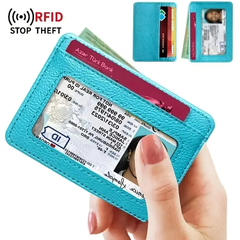 Ultra-thin RFID Protective Card Holder - Everyday Bank Card/ID Card Organizer, ultra-thin and scratch-resistant PU leather, simple solid color mini card holder, compact and portable, with 5 card slots and a visible window for ID documents. Rfid Blocking P