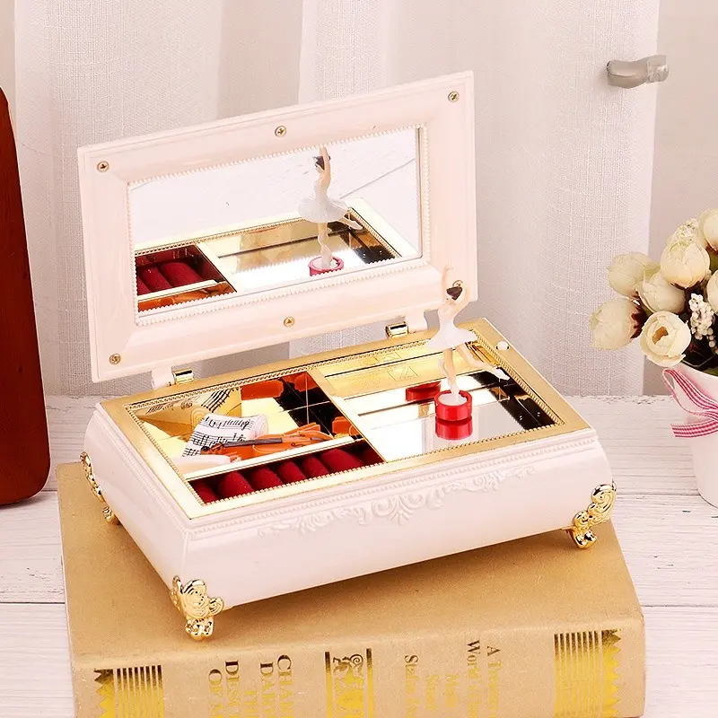 Vintage-Style Rectangular Home Music Box Jewelry Organizer, Ornate Design, Includes Mirror & Ballet Dancer Figurine, Ideal for Gifts