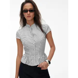Cider Cotton-blend Striped Puff Sleeve Ruffled Peplum Blouse