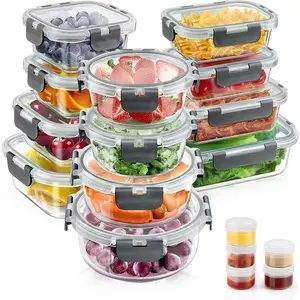 34 count Glass  Storage Containers with Lids Set, Airtight Glass Meal Prep Containers (17 Containers & 17 Lids), Leak Proof Lunch Containers , Microwave, Oven, Freezer, Dishwasher Safe-Grey
