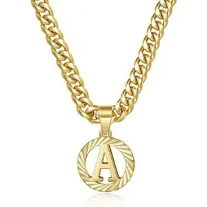 Meraki Golden Round Letter pendant Hollow Capital Monogram 5mm Cuban Chain Necklace From A-Z Dairil Jewelry for Women Men black friday men woman letter
