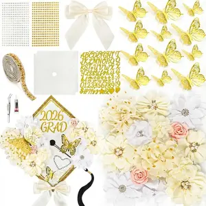 Graduation Cap Decorations Kit 2026 DIY Cap Decorations 36PCS Included Fake Flowers Heads Bow 3D Butterfly Self Adhesive Rhinestones Stickers Alphabet Letter Stickers for Grad Party Decor, White