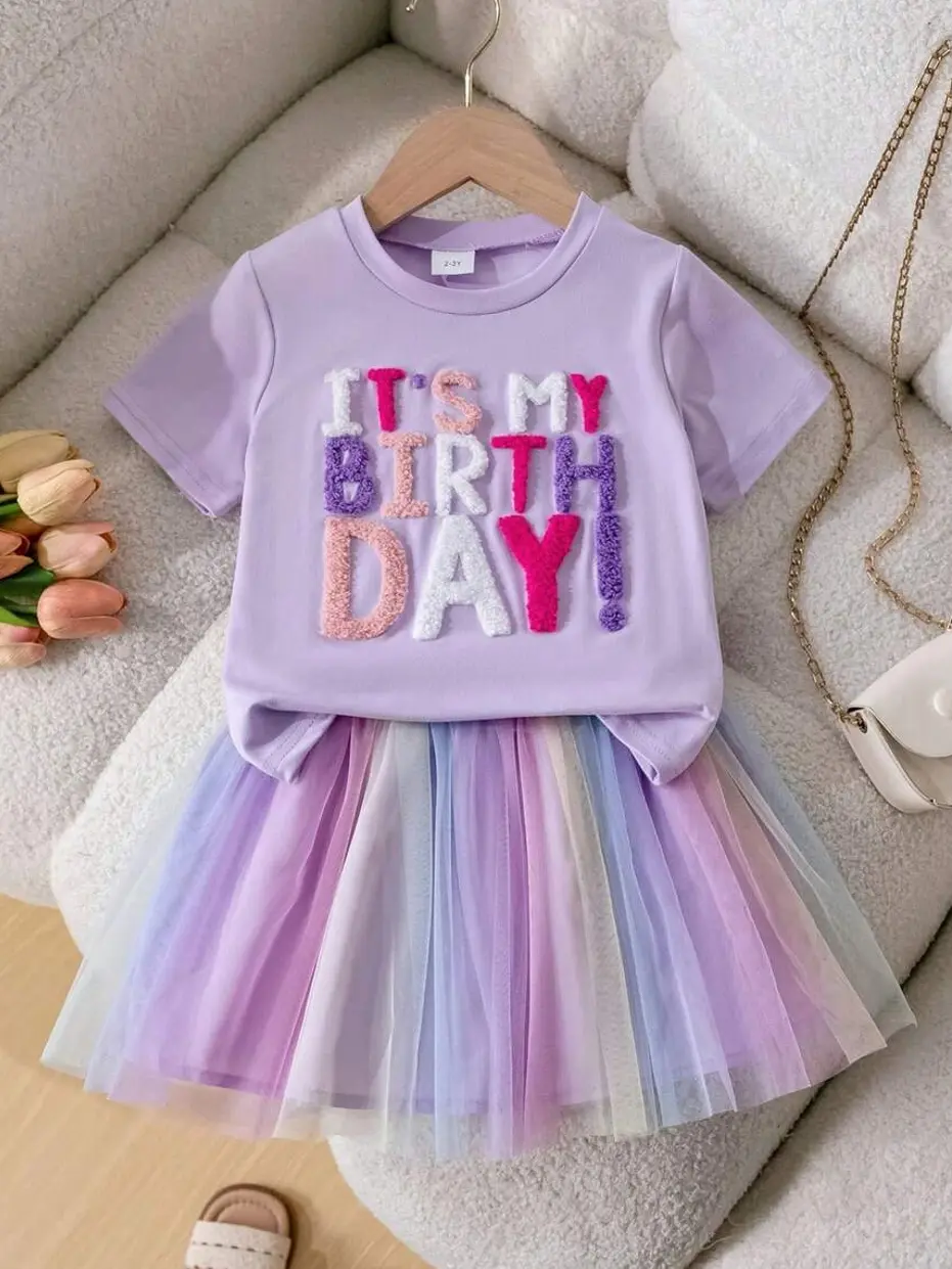 Girls' Simple Birthday Letter Embroidered Short Sleeve T-Shirt And Colorful Tulle Skirt Set