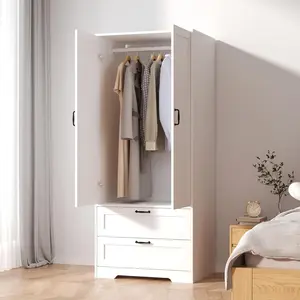 Modern Freestanding Wooden Wardrobe Closet Bedroom Armoire with Drawers and Rod Wardrobe Organizer for Hanging Clothes
