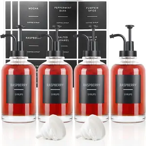 4PCS 16.9oz 500ml Glass Coffee Syrup Dispenser with Labels and Pump, Simple Syrup Bottle Coffee Bar Accessories Ideal Gift