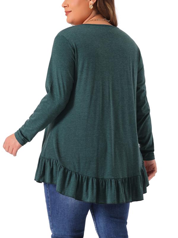 Agnes Orinda Plus Size Casual Top Women Henley V Neck Button Up Long Sleeve Sweet Cute Ruffled Hem Blouse Top Dark Green