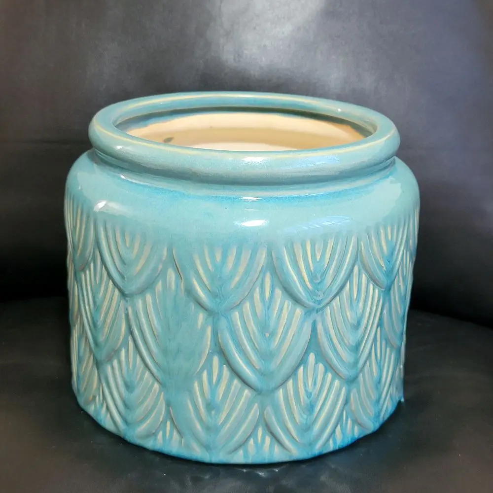 Hand Painted Teal Pot Ceramic Planter Embossed Scalloped Design Home Decor 6"