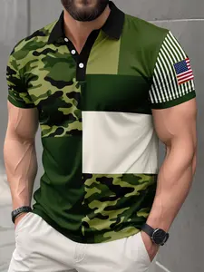 Men's Vintage Camouflage Patch Polo Shirt, Usa Flag Patch, Patriotic Golf Top, Casual Loose-Fit, All Seasons, Geometric Pattern