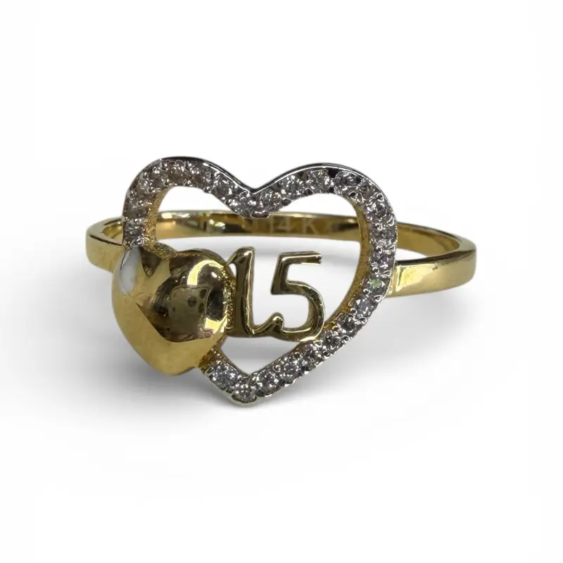 14KT Gold Quinceañera Heart Band Ring for Women with Cubic Zirconia, Sweet 15 Birthday Gift for Daily Wear, Size 8, Female, Sz 8