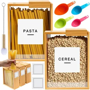 Threehoney 2 Pcs Bamboo Cereal Dispenser 75 Oz/ 2.2 l Kitchen Food Storage Containers with Measuring Cups for Airtight Pantry Organization and Storage Container Cereal Rice Flour Snack Nuts Grains