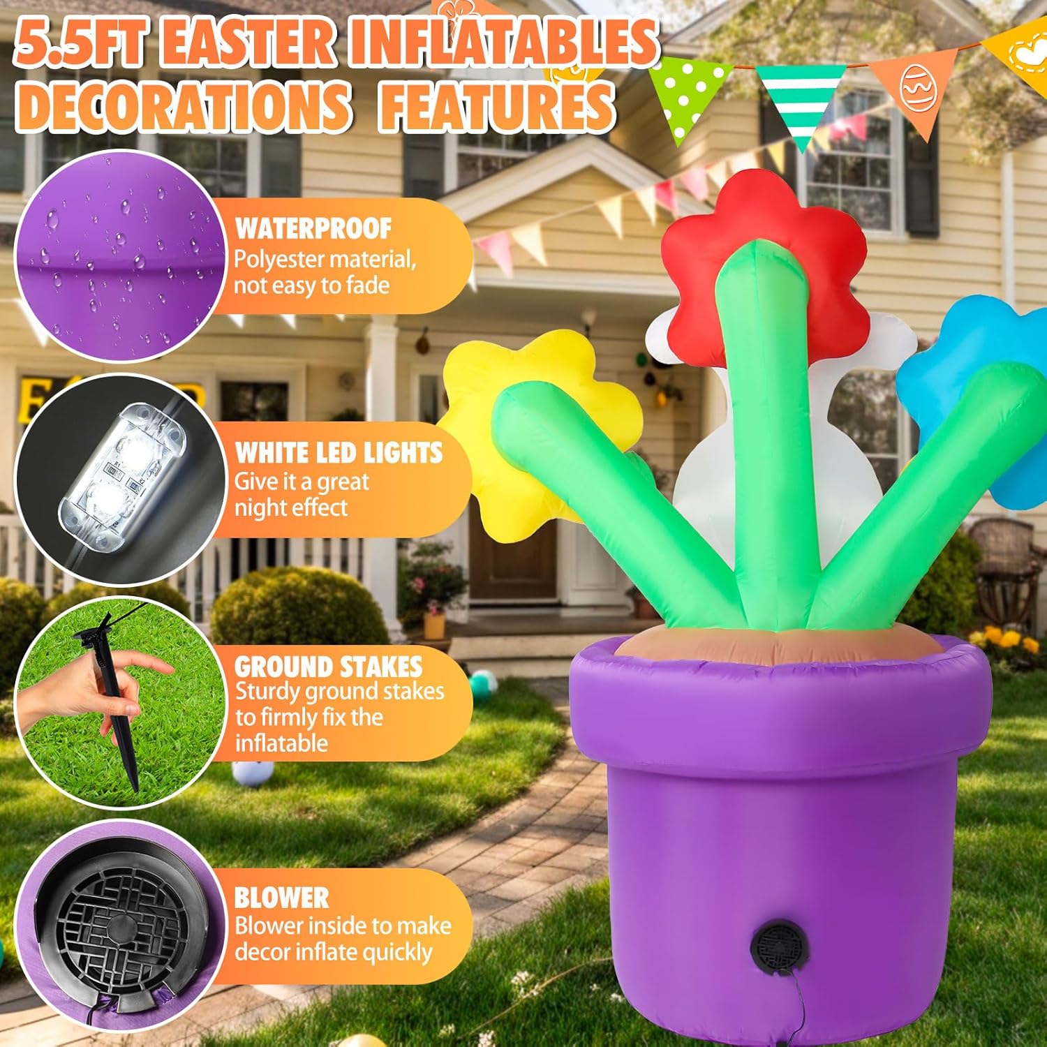 Easter Inflatables Outdoor Decorations 5.5ft Inflatable Easter Bunny Basket with Flowers Eggs Rabbit Blow Up Yard Decor Led Lights Holiday Blow Ups Indoor Outside for Lawn Party Garden Spring