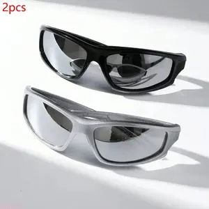 2 Pcs Men's Sport Wrap Around Sunglasses Set, Polarized Silver Mirror Lens UV400 Protection Eyewear, Black & Silver Frame Shades For Cycling Driving Outdoor