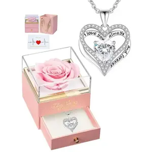 Valentine's Day Heart Shaped Artificial Gemstone Decor Pendant Necklace with Rose Flower Gift Box, Elegant Rhinestone Decor Necklace for Women, Gift for Wife, Daughter, Mom, Girlfriend