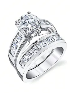 2 Pcs/Set Charm Cubic Zirconia Engagement Ring Set For Women For Valentine's Day Gift Wedding Anniversary Party Jewelry