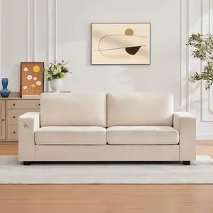 90 in Beige Chenille Wood Loveseat with USB Charging Ports and Side Pockets
