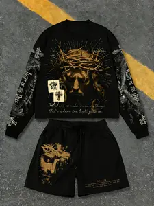 Men's Gothic Aesthetic Trend Graphic Long Sleeve Set, Loose Jesus Print Top & Matching Shorts, Casual Harajuku Style
